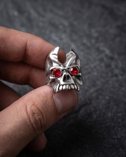Ruby-Eyed Gothic Horned Skull Silver Ring