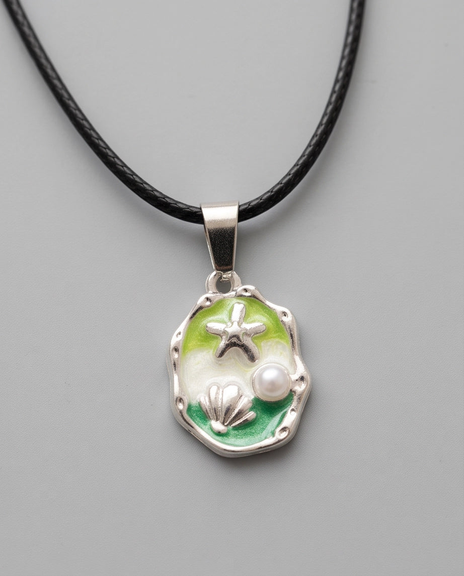 Silver Green Seashell Starfish Pearl Enamel Medallion Chain Necklace