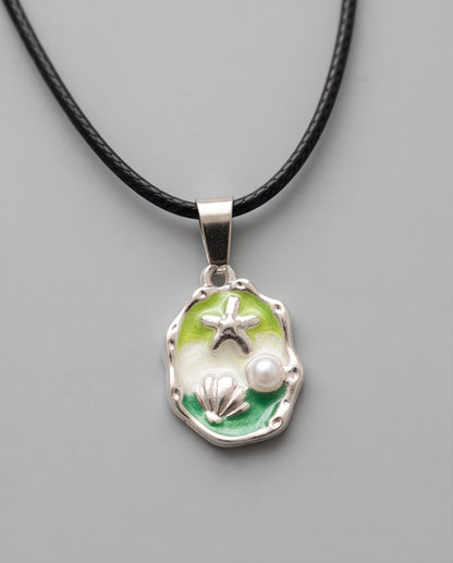 Silver Green Seashell Starfish Pearl Enamel Medallion Chain Necklace
