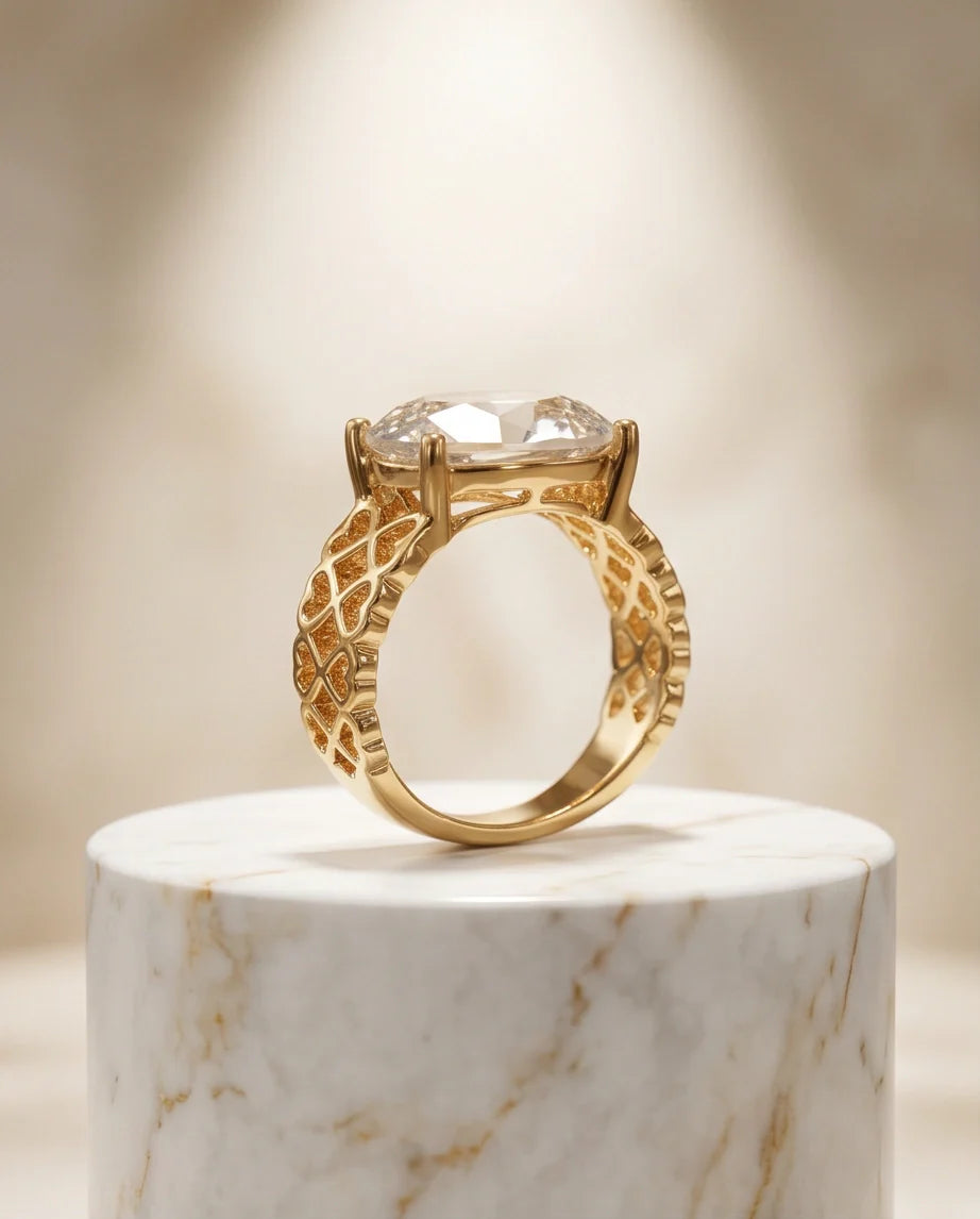 Gold Plated Clear Crystal Filigree Heart Ring