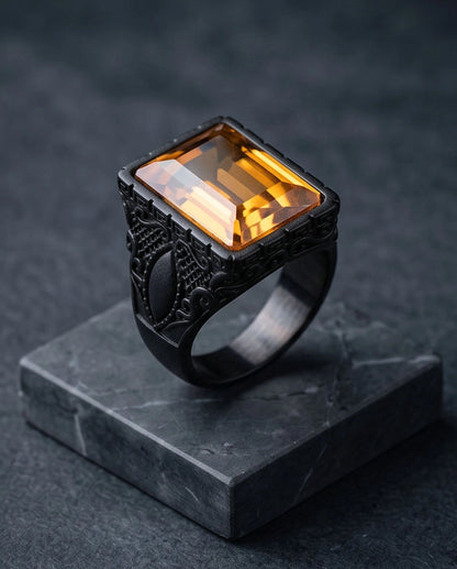 Matte Black Emerald-Cut Amber Citrine Signet Ring