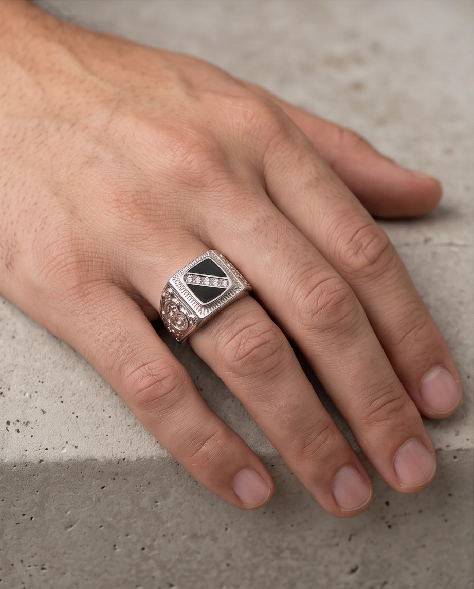Onyx-Inlay Channel Pavé Diagonal Striped Filigree Silver Ring