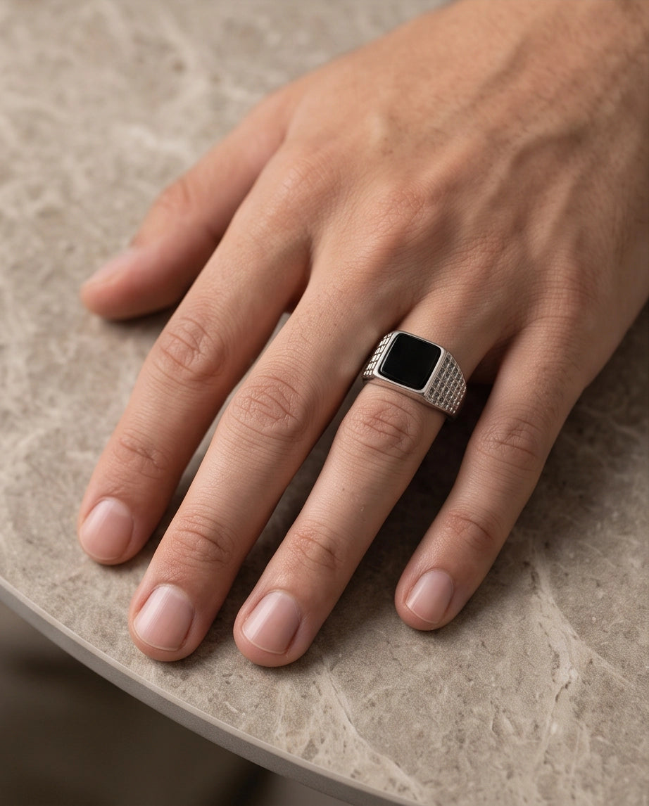 Onyx-Style Square Inlay Brick-Link Band Silver Ring