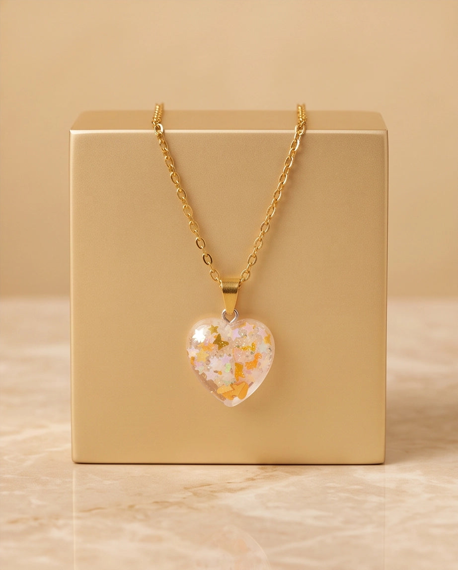 Silver Peach Orange Glitter Heart Resin Pendant Necklace