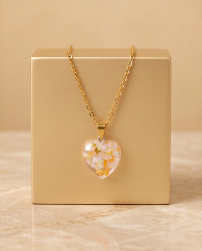 Silver Peach Orange Glitter Heart Resin Pendant Necklace