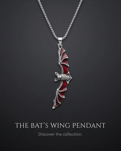 Silver Red Enamel Vampire Bat Pendant Necklace