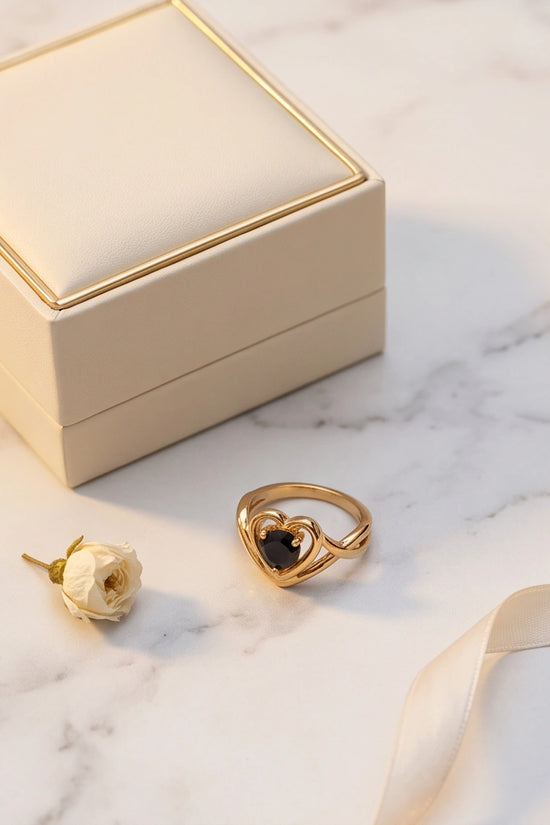 Gold Black Diamond Heart Openwork Ring