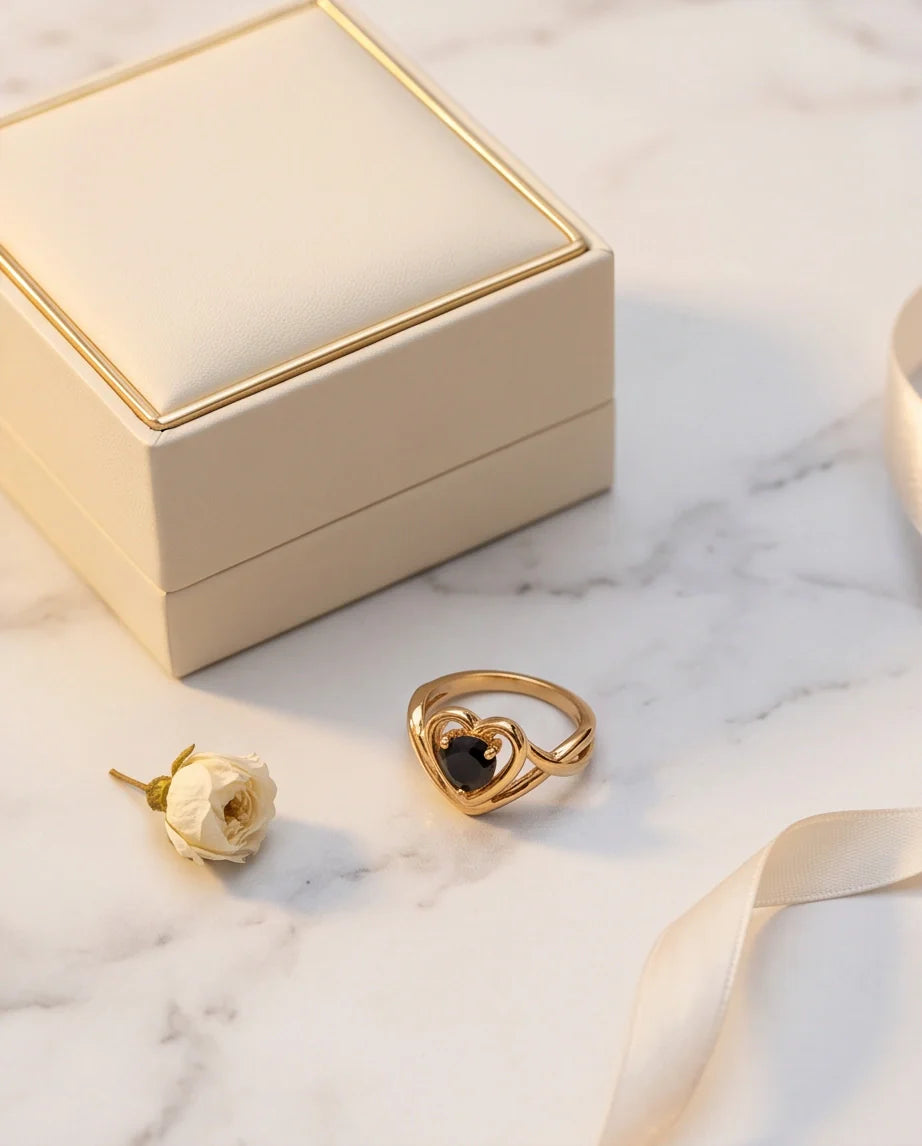 Gold Black Diamond Heart Openwork Ring