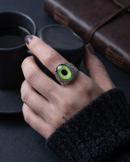 Lime-Green Elliptical-Pupil Dragon-Eye Ornate Scrollwork Silver Ring