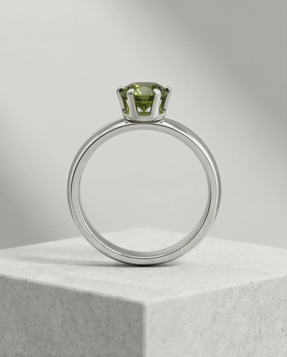 Sterling Silver Round-Cut Olive Green Solitaire Ring