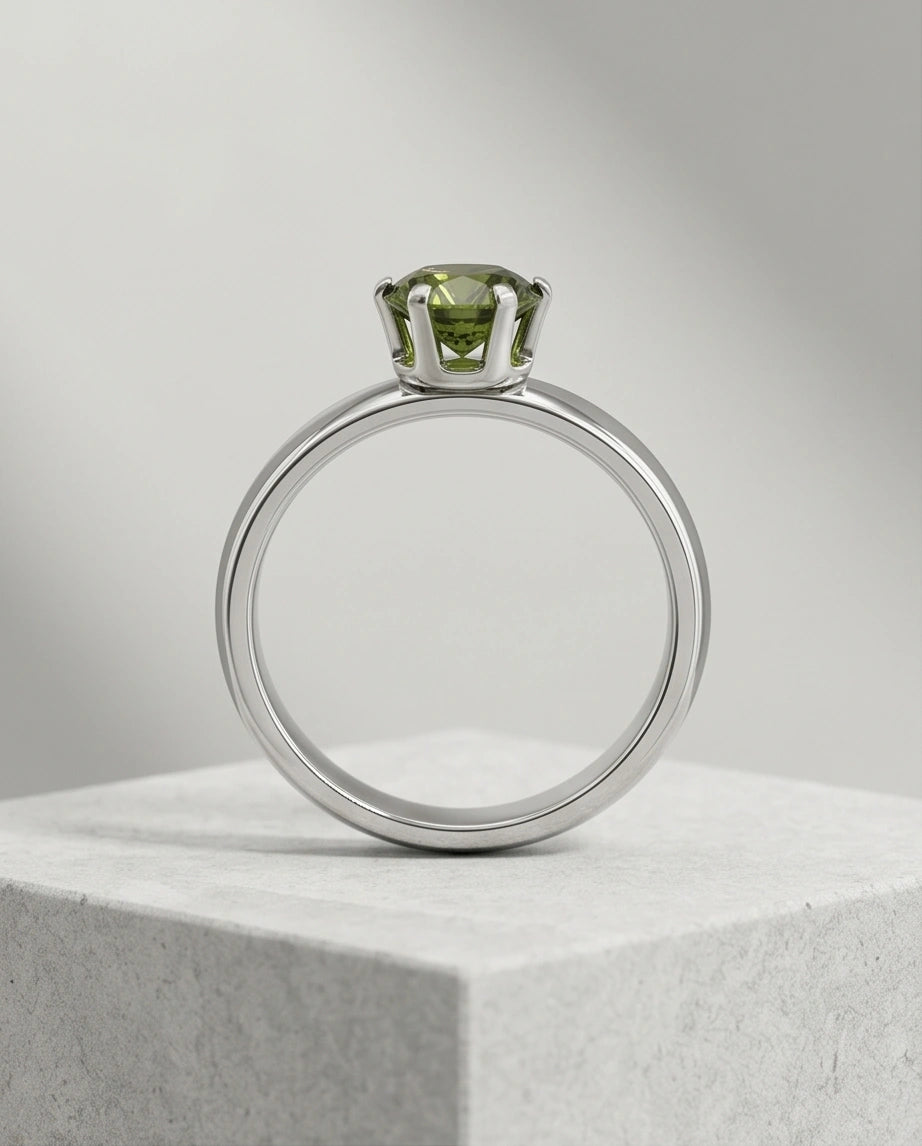 Sterling Silver Round-Cut Olive Green Solitaire Ring