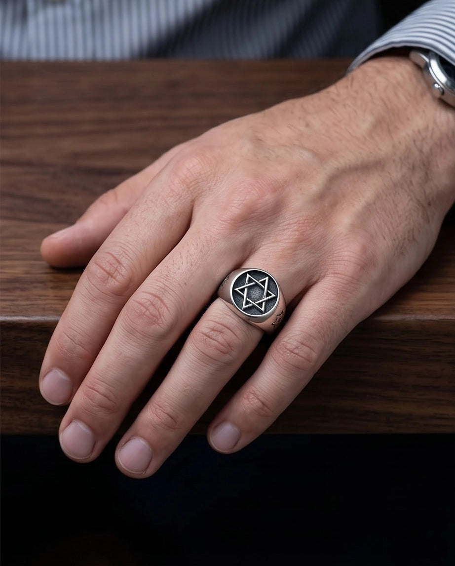 Silver Hexagram Celestial Signet Ring