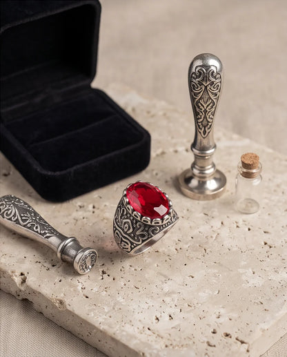 Ruby Gemstone Scalloped Crown Bezel Scroll Filigree Silver Ring