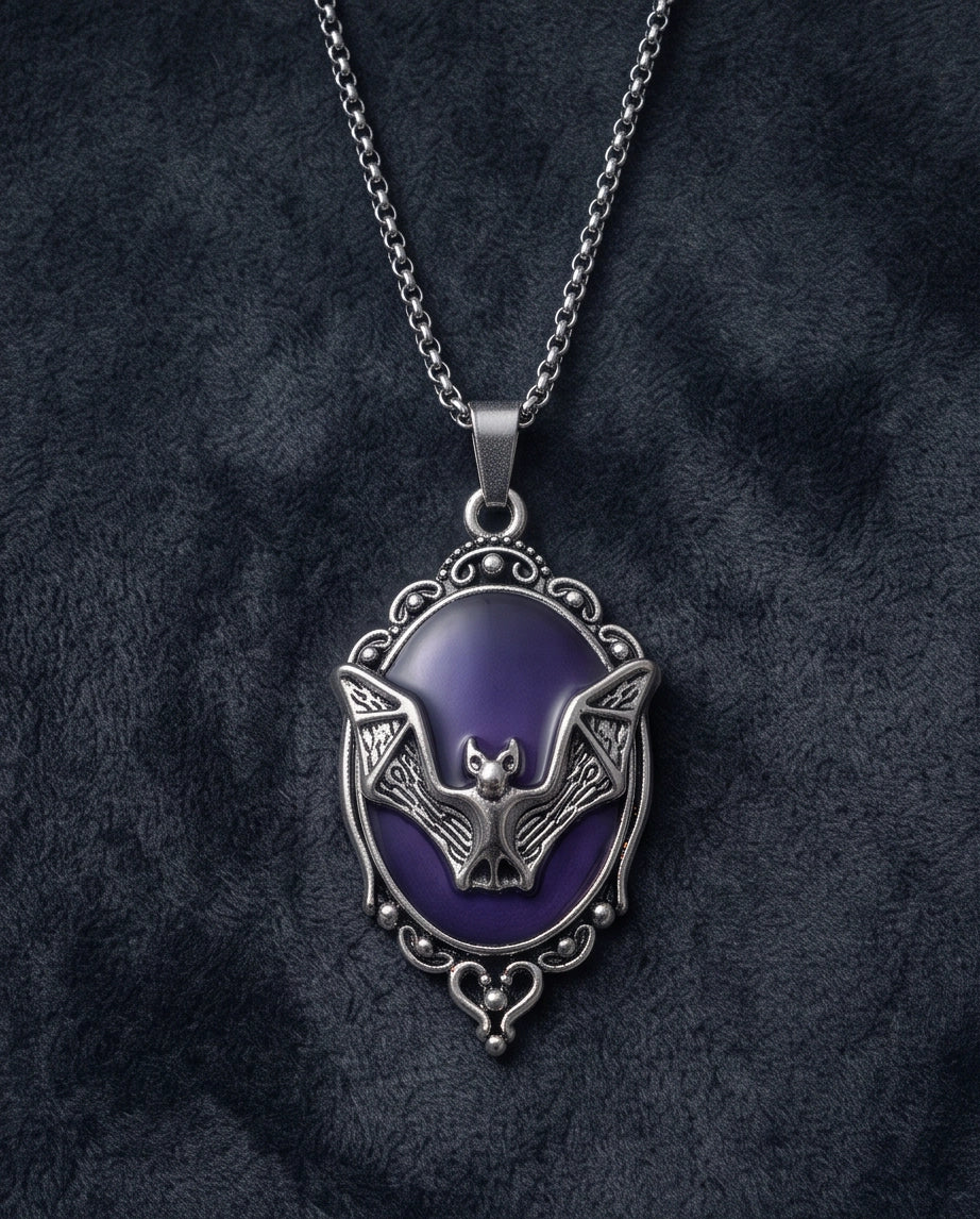 Silver Gothic Bat Purple Enamel Medallion Chain Necklace