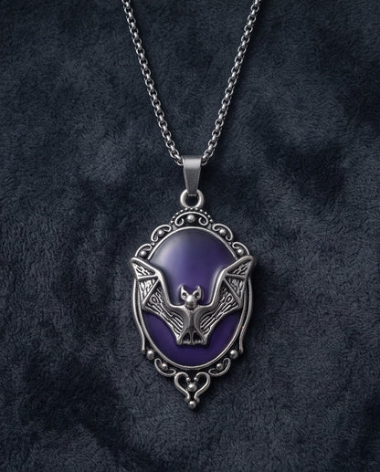 Silver Gothic Bat Purple Enamel Medallion Chain Necklace