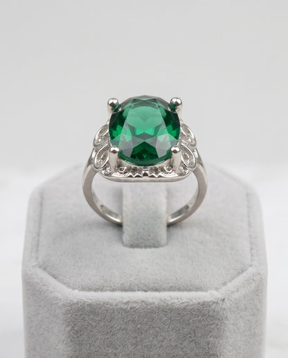 Silver Oval Emerald Gemstone Filigree Solitaire Ring