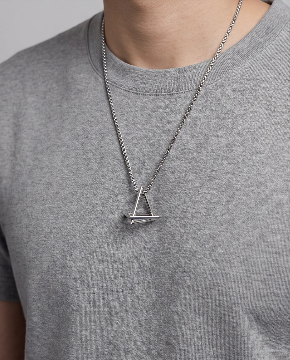 Silver Geometric Intersecting Triangle and Square Pendant Necklace