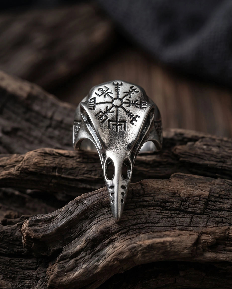 Oxidized Silver Raven Skull Vegvisir Ring