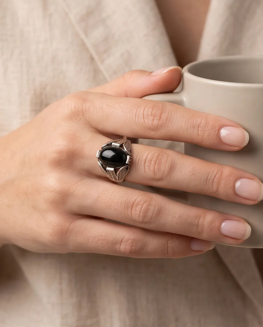 Obsidian Eclipse Stippled Signet Ring
