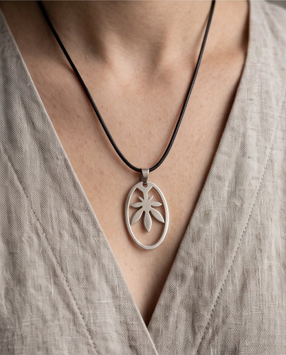 Brushed Silver Leaf Oval Cord Necklace