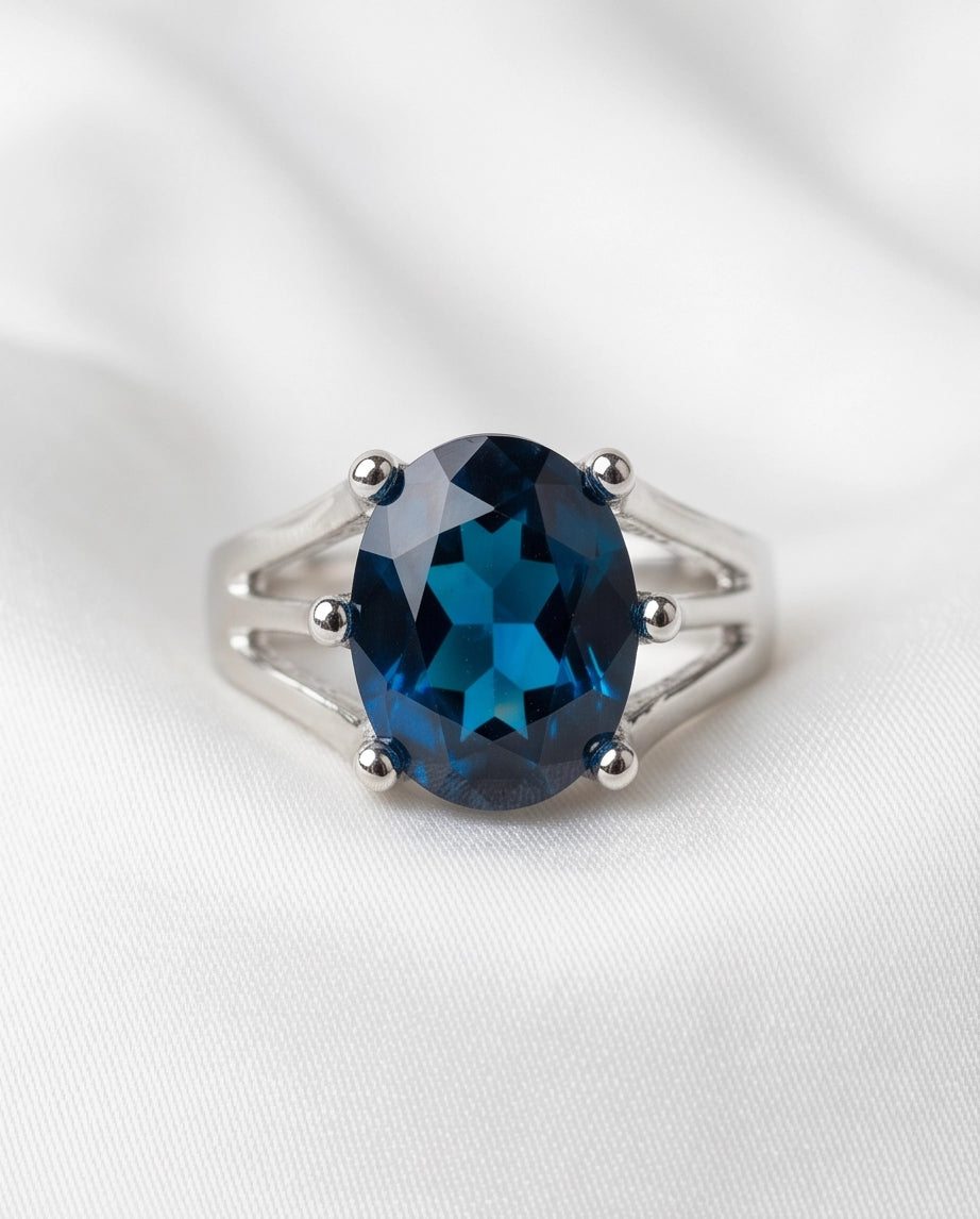 Silver Oval Sapphire Gemstone Solitaire Ring