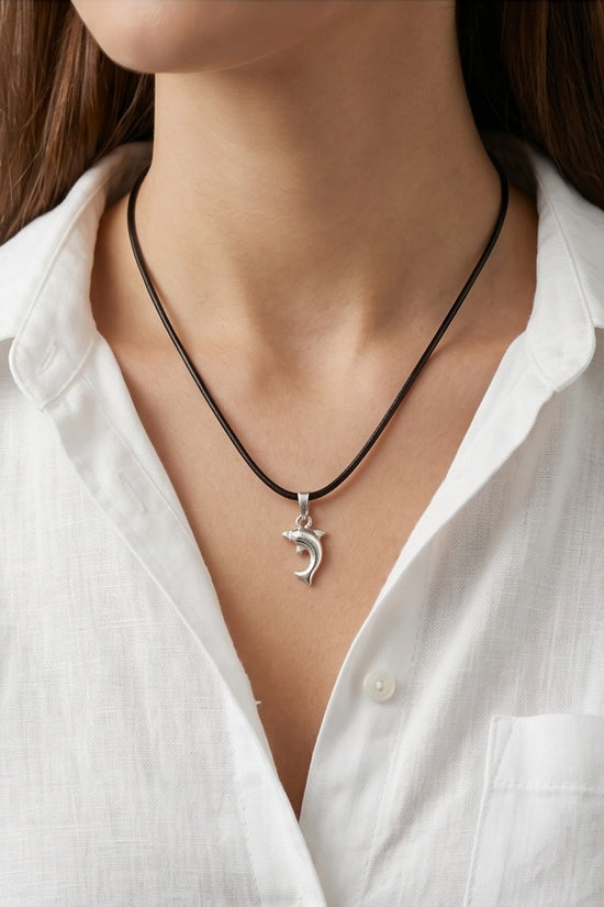 Silver Polished Playful Dolphin Necklace