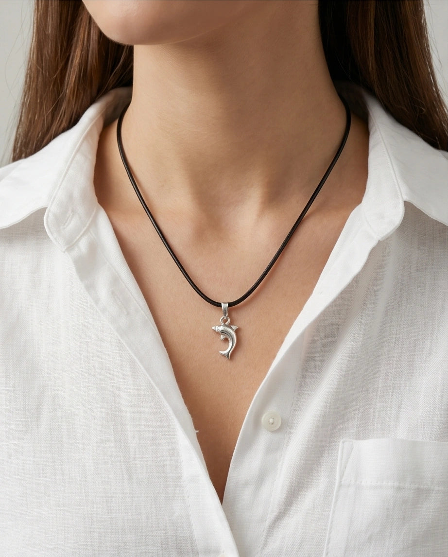 Silver Polished Playful Dolphin Necklace