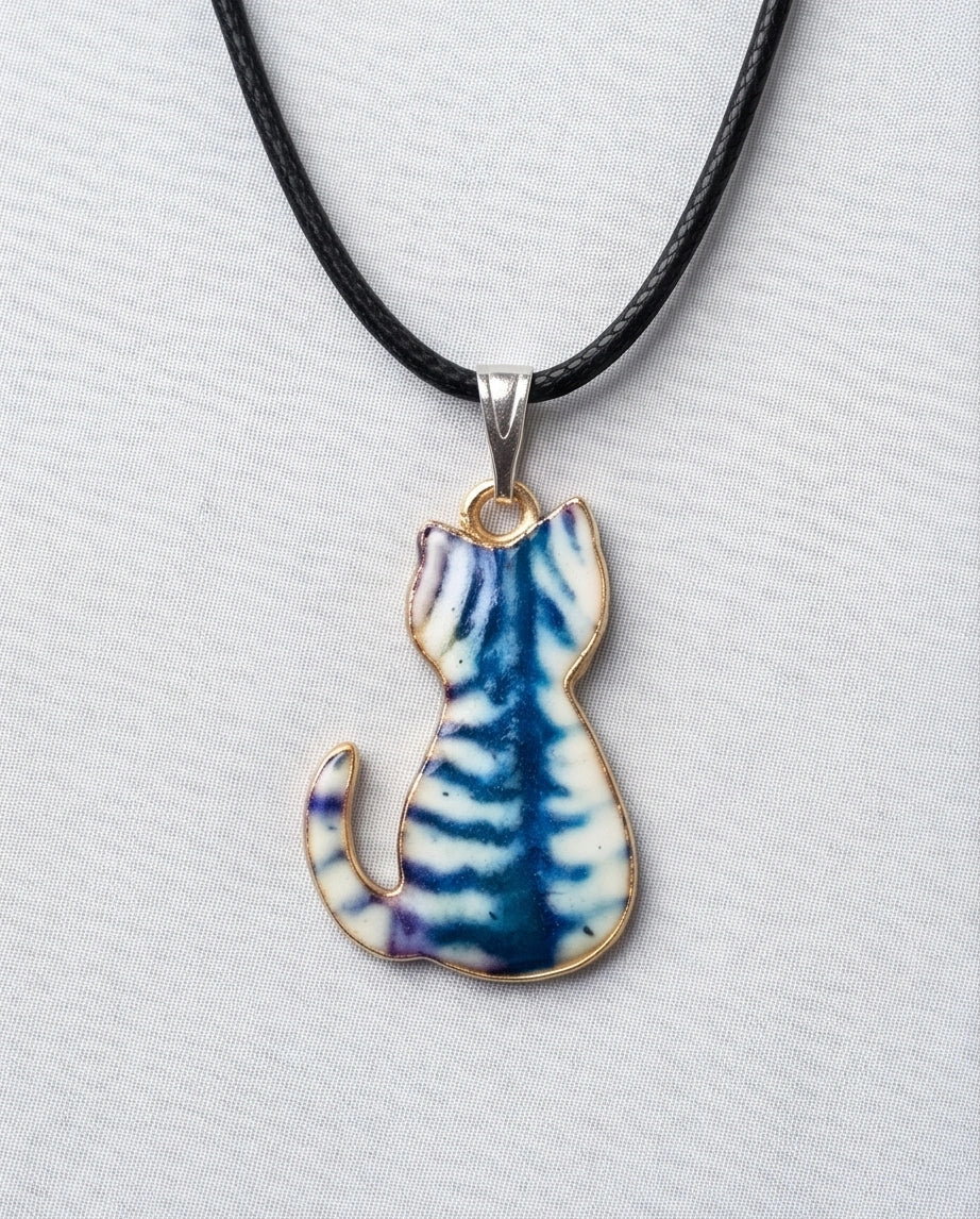 Artistic Blue Watercolor Feline Silhouette Pendant Necklace