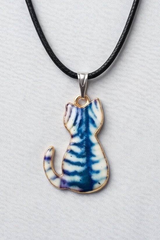 Artistic Blue Watercolor Feline Silhouette Pendant Necklace