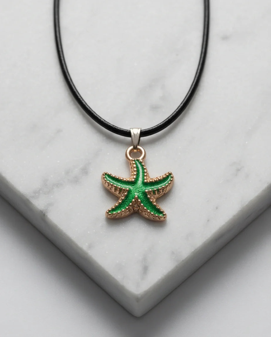 Gold and Textured Green Starfish Necklace