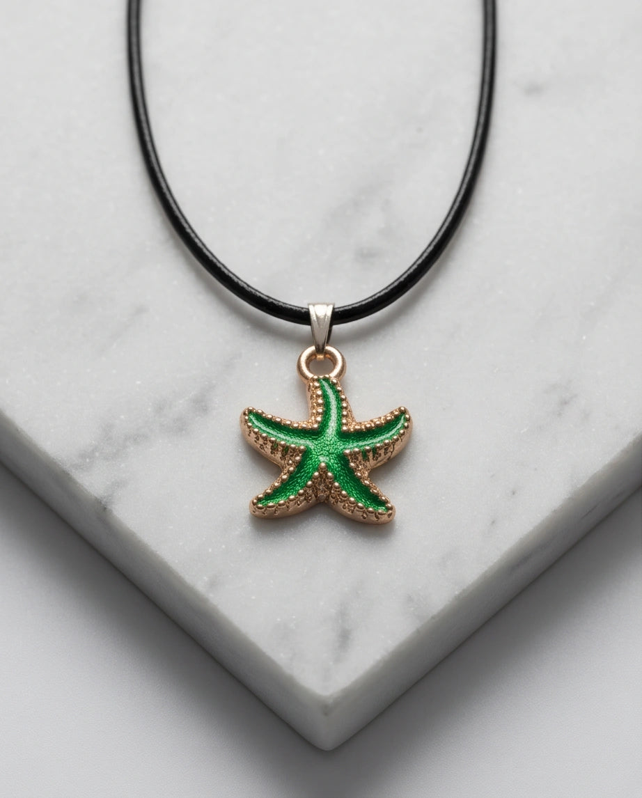 Gold and Textured Green Starfish Necklace