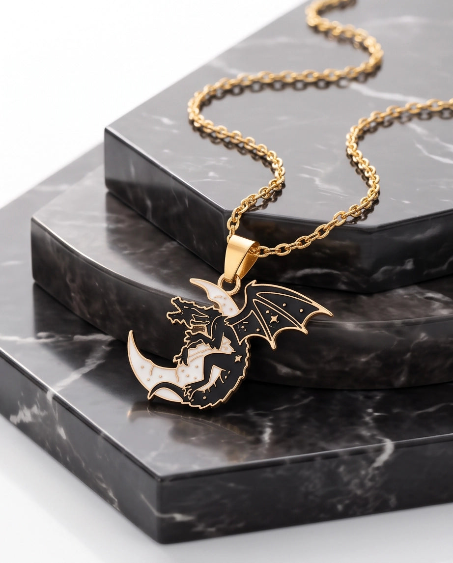 Gold Celestial Dragon White Crescent Moon Enamel Pendant Necklace
