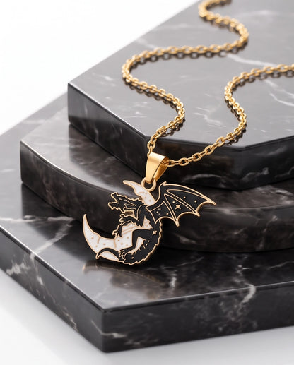 Gold Celestial Dragon White Crescent Moon Enamel Pendant Necklace