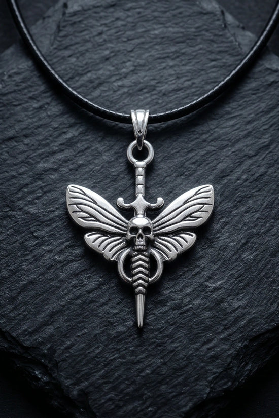 The Shadow Wing: Gothic Skull Moth Dagger Pendant Necklace
