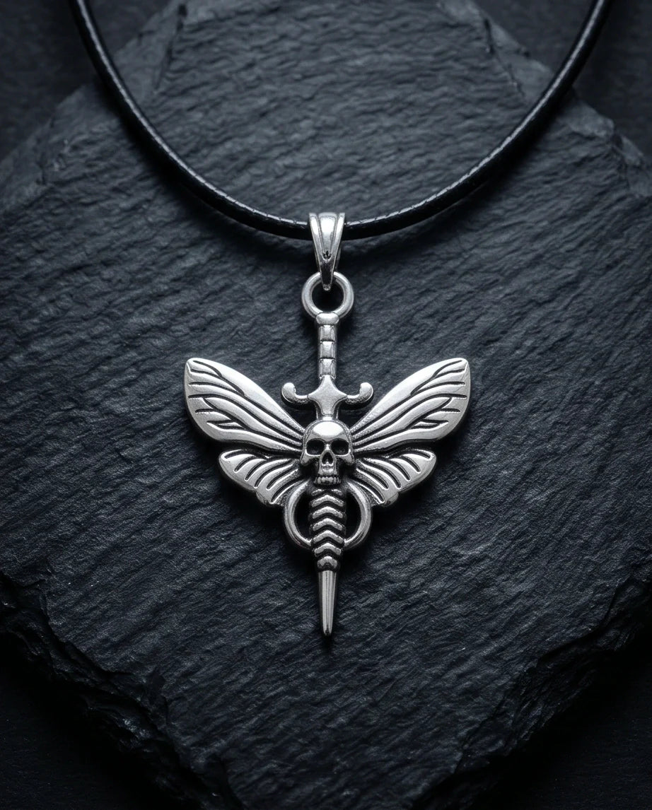The Shadow Wing: Gothic Skull Moth Dagger Pendant Necklace