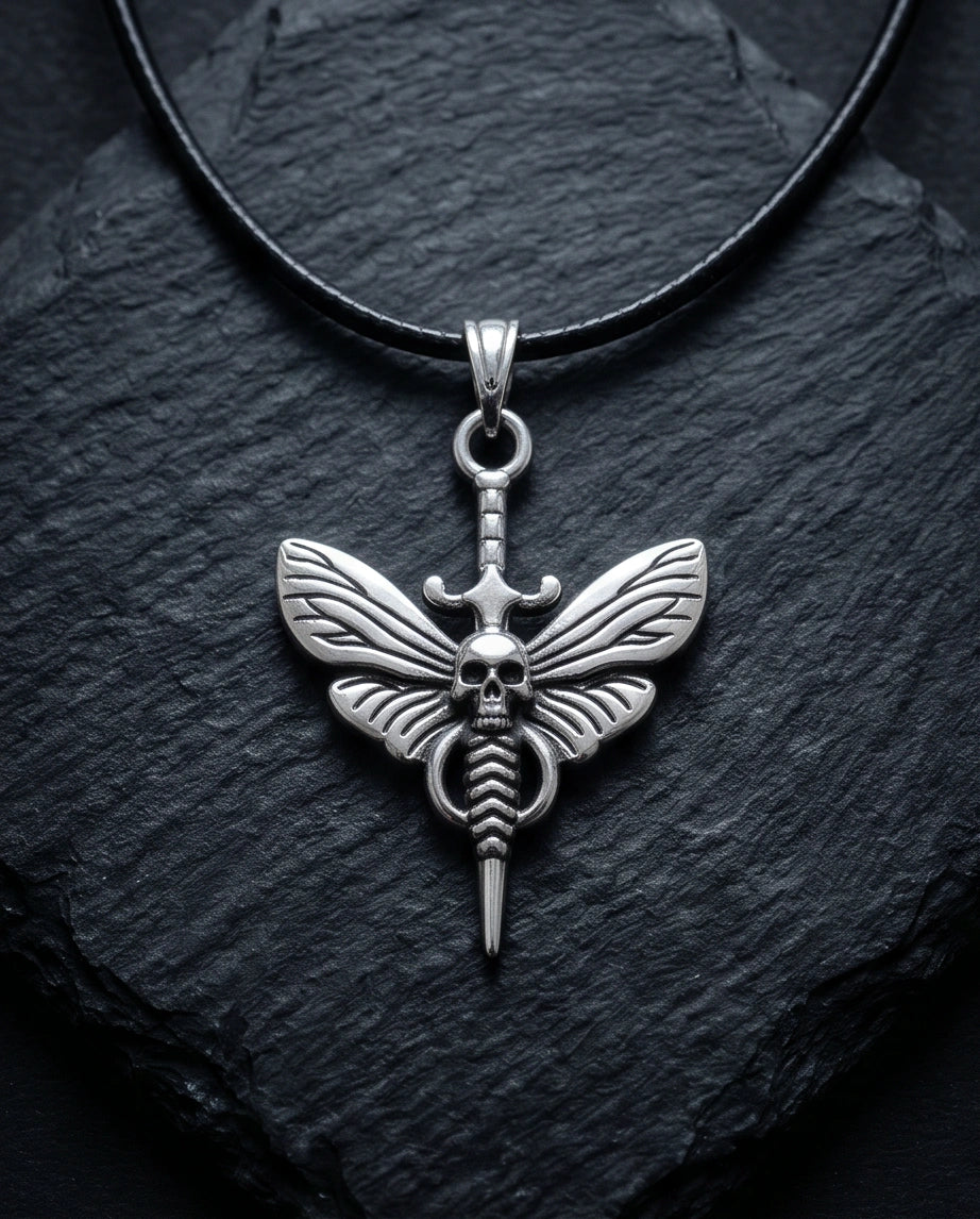 The Shadow Wing: Gothic Skull Moth Dagger Pendant Necklace
