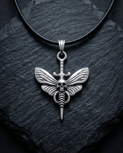 The Shadow Wing: Gothic Skull Moth Dagger Pendant Necklace