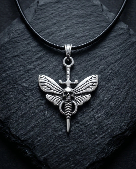The Shadow Wing: Gothic Skull Moth Dagger Pendant Necklace