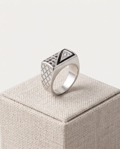 Split-Face Onyx & Clear Crystal Diamond-Mesh Silver Ring
