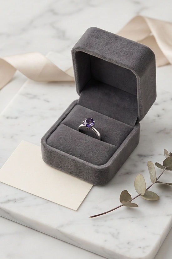 Sterling Silver Amethyst Purple Round Cut Solitaire Ring