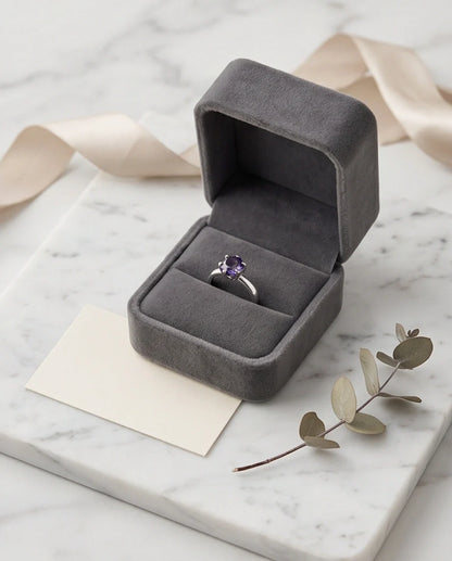 Sterling Silver Amethyst Purple Round Cut Solitaire Ring