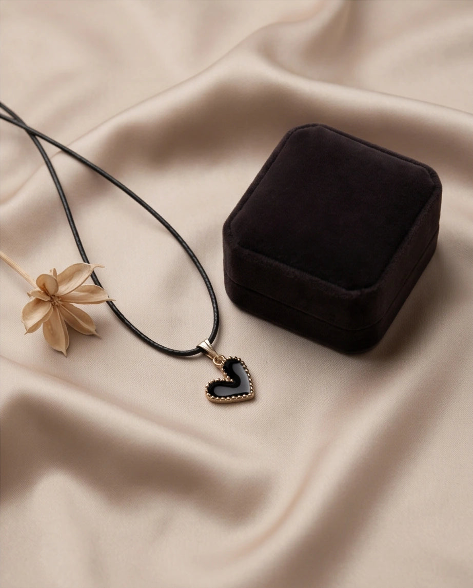 Gold Beaded Black Enamel Heart Necklace