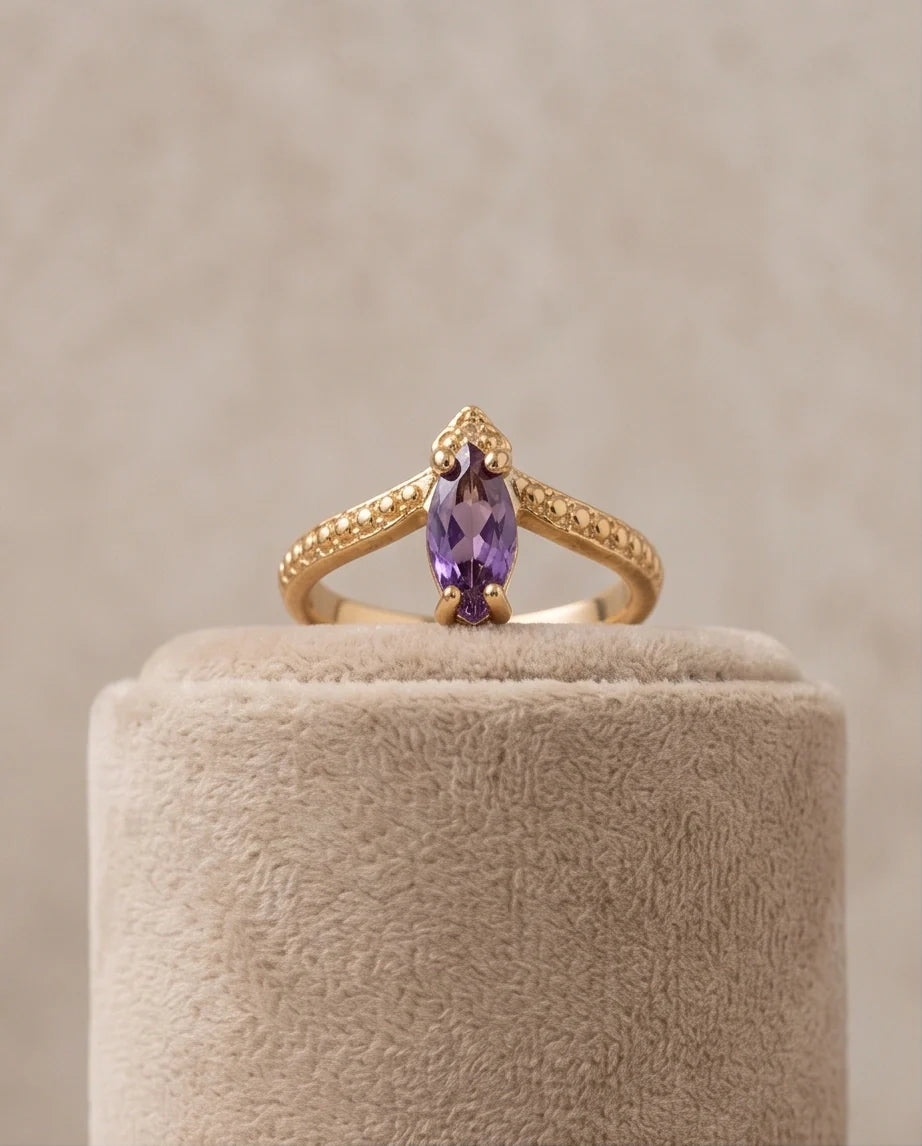 "Amethyst Aura" – Marquise Cut Gold Ring