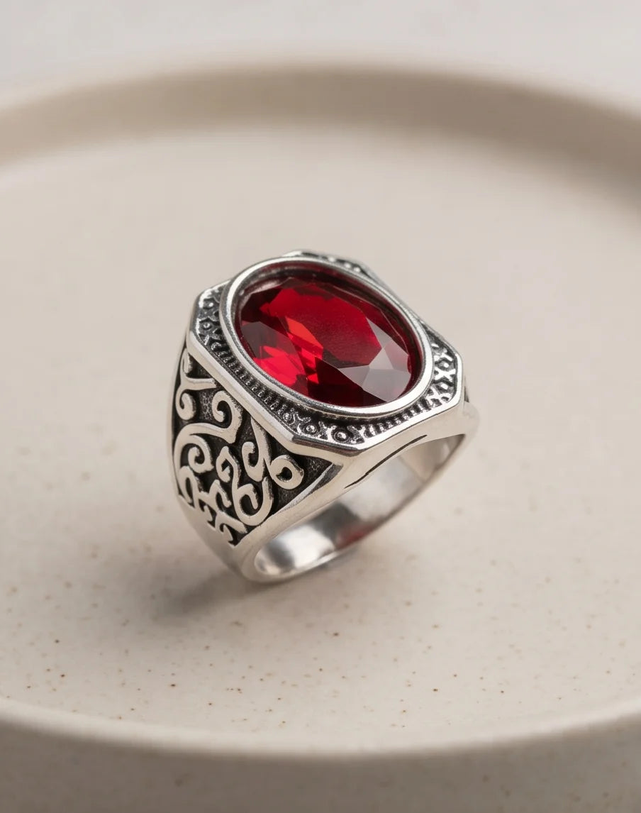 Crimson Gemstone Octagonal Bezel Scrollwork Silver Ring