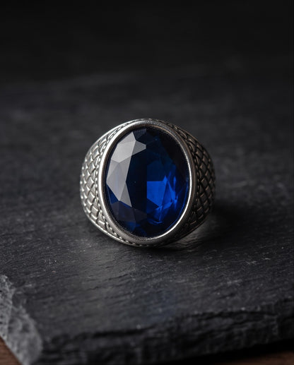 Sapphire Gemstone Beaded Frame Crosshatch Mesh Silver Ring