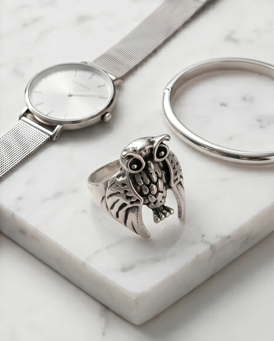 Vintage Silver Oxidized Owl Wisdom Statement Ring