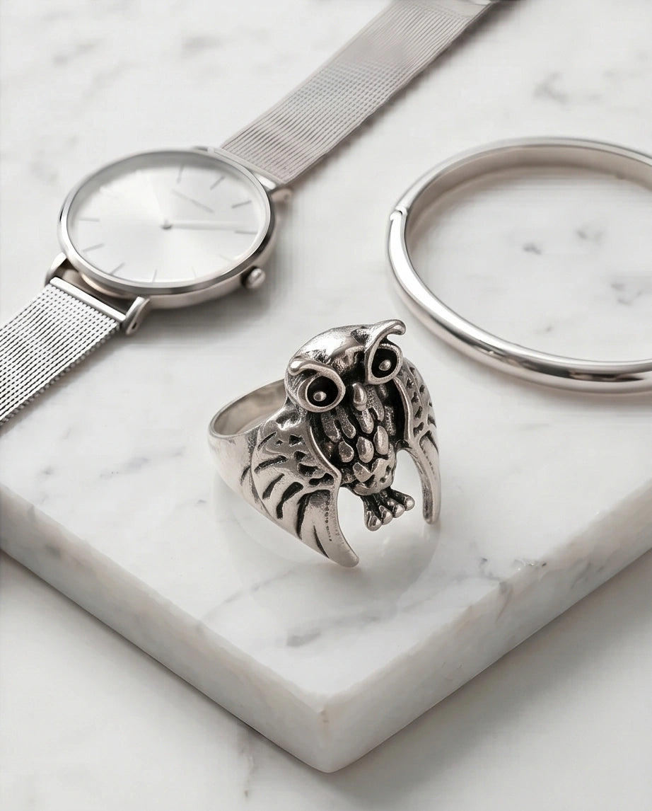 Vintage Silver Oxidized Owl Wisdom Statement Ring