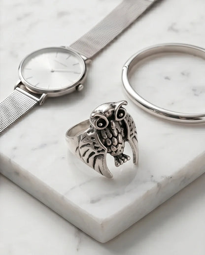 Vintage Silver Oxidized Owl Wisdom Statement Ring