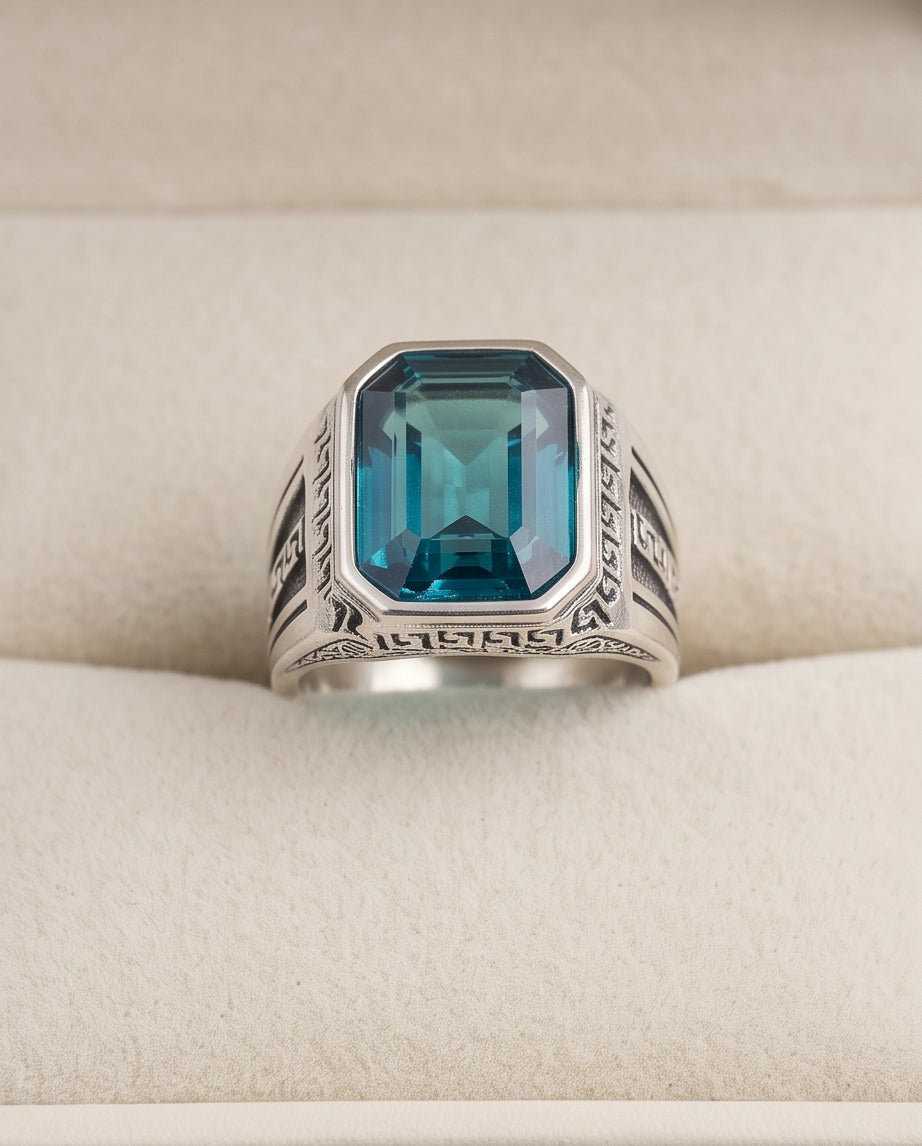 Aquamarine Emerald-Cut Gemstone Engraved Geometric Silver Ring