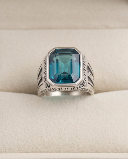 Aquamarine Emerald-Cut Gemstone Engraved Geometric Silver Ring